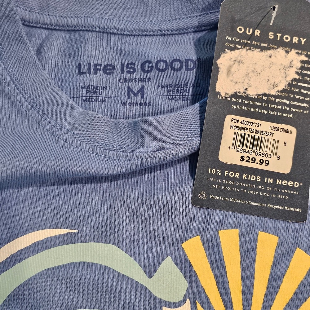 Life Is Good Womens Crusher Tee Blue Wave Heart Sun Graphic Medium - Picture 5 of 6